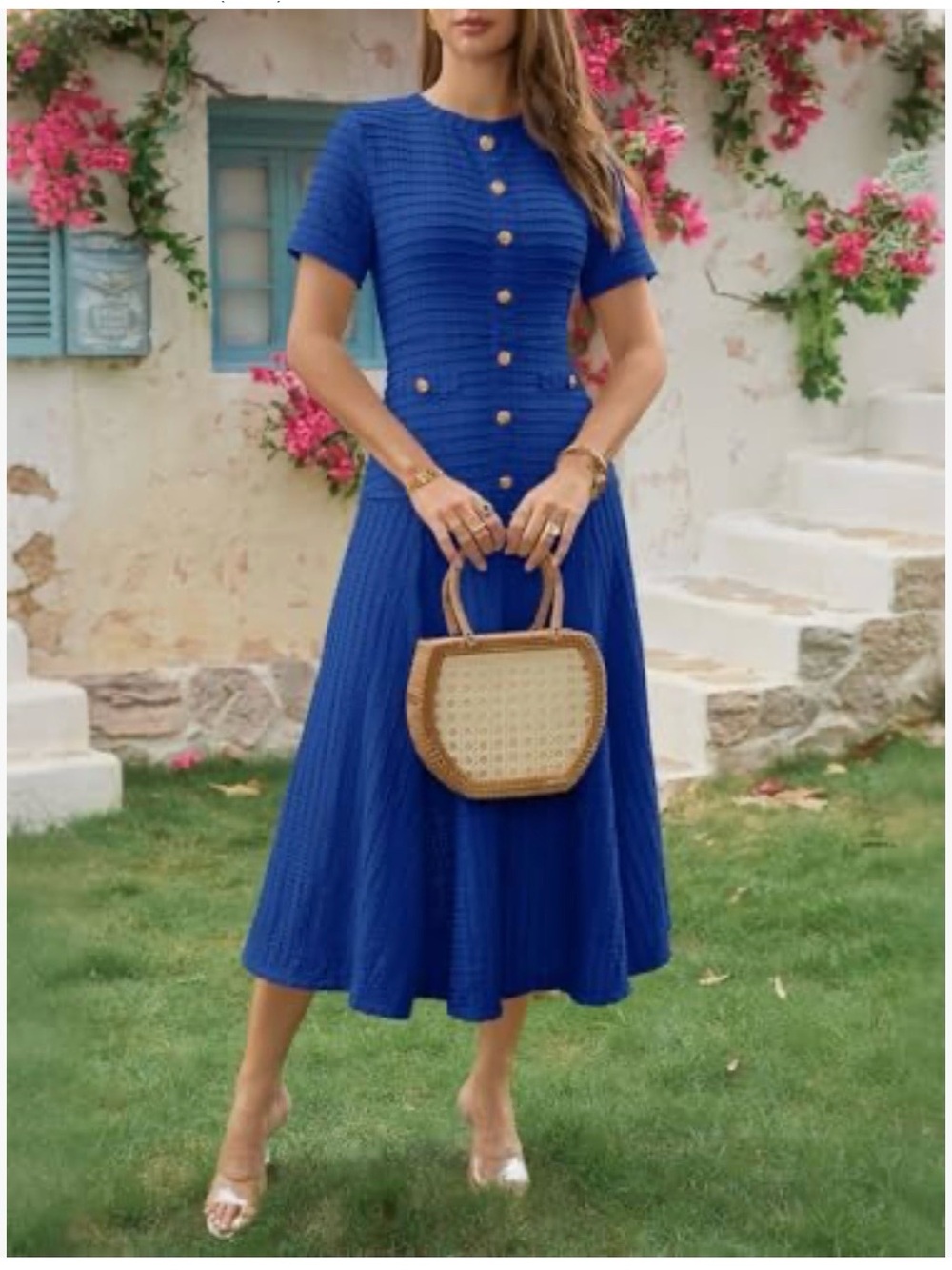 Wenrine Elegant Royal Blue Textured Button-Front Midi Dress Large